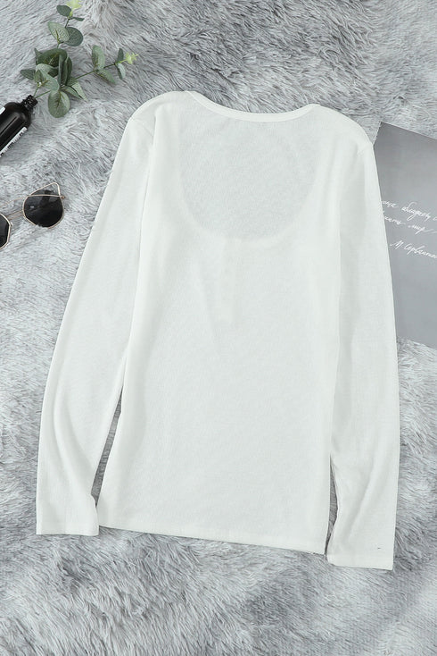 U Neck Button Knit Long Sleeve Top
